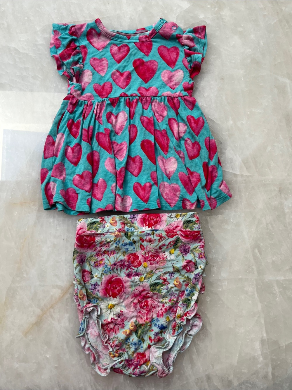 Posh Peanut Teal Dress with Pink Heart Print & Floral Bloomers